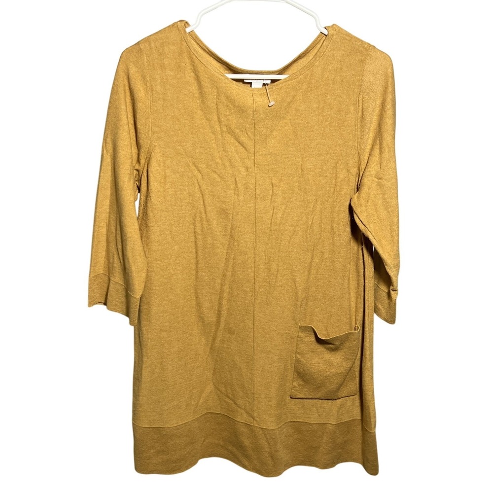 J.Jill Women's M Regular Mustard Yellow Knit Tunic Sweater Top 3/4 Sleeve Pocket